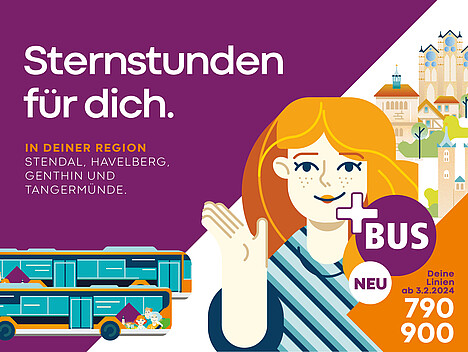 Eine gezeichnete Frau mit Plusbussen und Orten aus der Region im Hintergrund. Neben den Bildern stehen die Schriftzug ‚Sternstunden für dich. IN DEINER REGION STENDAL, HAVELBERG; GENTHIN UND TANGERMÜNDE‘ und ‚Deine Linien ab 3.2.2024 790 900‘.