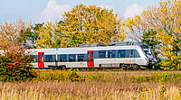 Ein silber-roter Zug des Typs Bombardier Talent 2 von DB Regio fährt durch eine herbstliche Landschaft