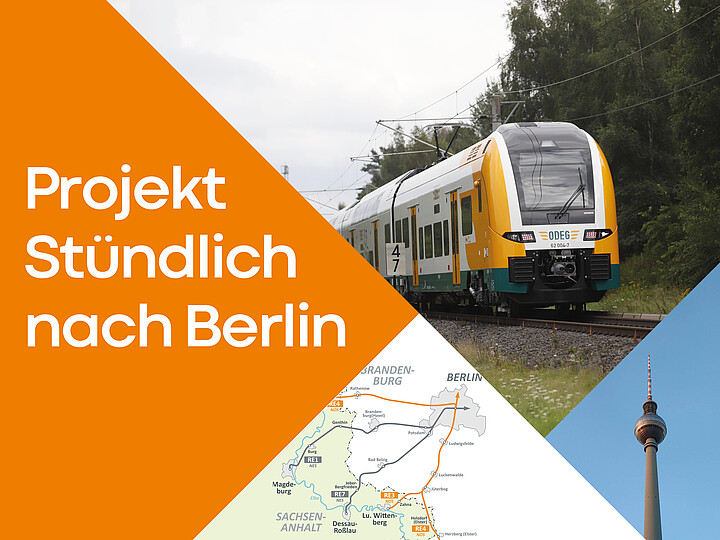 Karte der Verbindungen nach Berlin, ein grün-weißer Zug, der Berliner Fernsehturm. Neben den Bildern steht der Schriftzug ‚Projekt Stündlich nach Berlin‘.