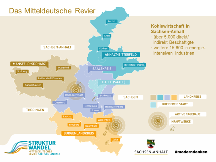 Darstellung der Kohleregionen nach Landkreisen und Tagebauwerken sowie Kraftwerken