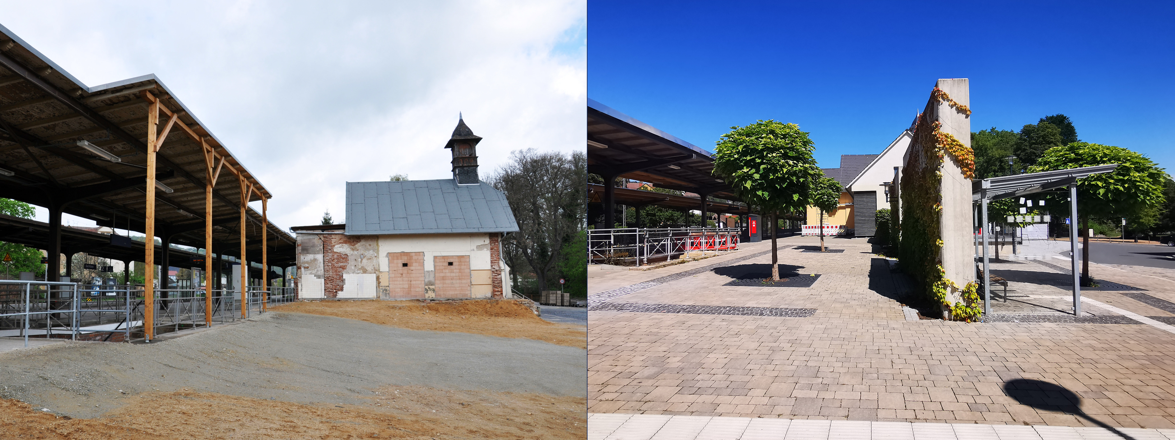 Das Bild zeigt die Bahnhofssituation in Bad Kösen vor und nach der Sanierung.