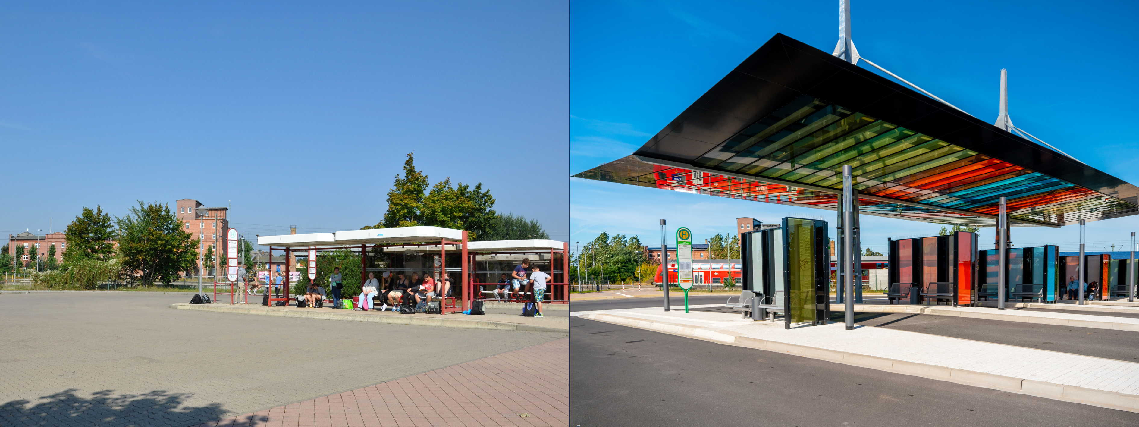 Das Bild zeigt die Bahnhofssituation in Burg b. Magdeburg vor und nach der Sanierung.