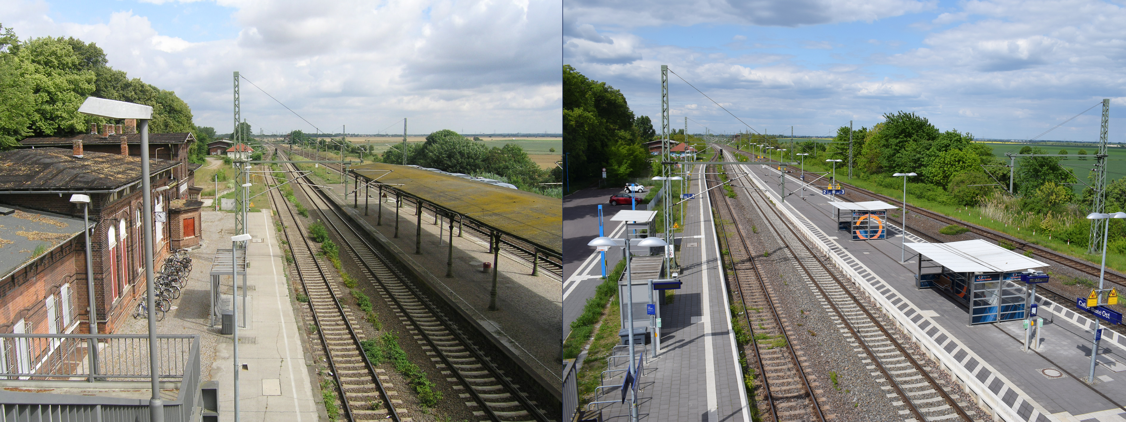 Das Bild zeigt die Bahnhofssituation in Calbe Ost vor und nach der Sanierung.