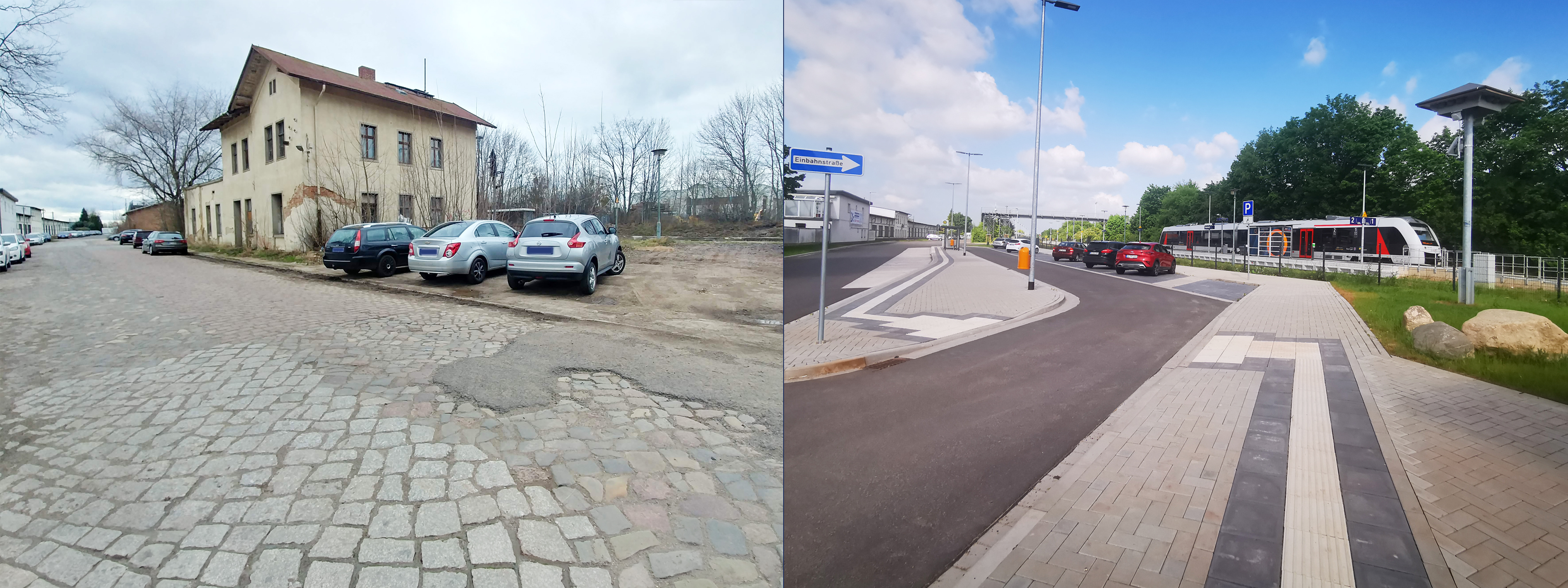 Das Bild zeigt die Bahnhofssituation in Dodendorf vor und nach der Sanierung.