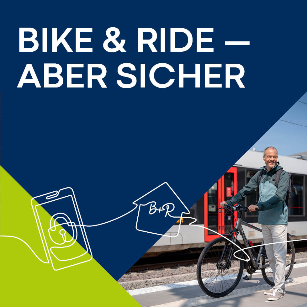 Bike & Ride - Aber sicher. Es ist ein Radfahrer auf einem Bahnsteig vor einem Zug zu sehen.
