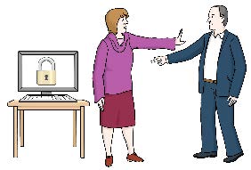 Pärchen vor PC auf Tisch Pärchen vor PC auf Tisch