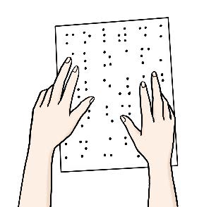 Hände mit Blindenschrift gefülltem Blatt